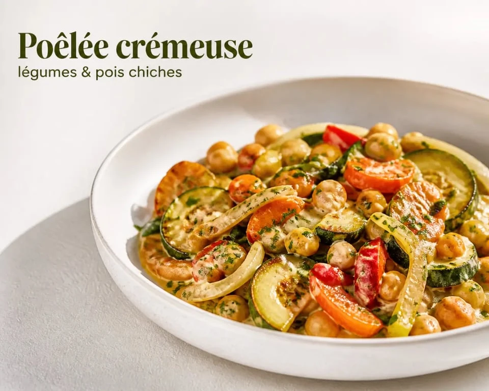 Recettes légumes faciles : poêlée crémeuse de légumes et pois chiches servie à l’assiette
