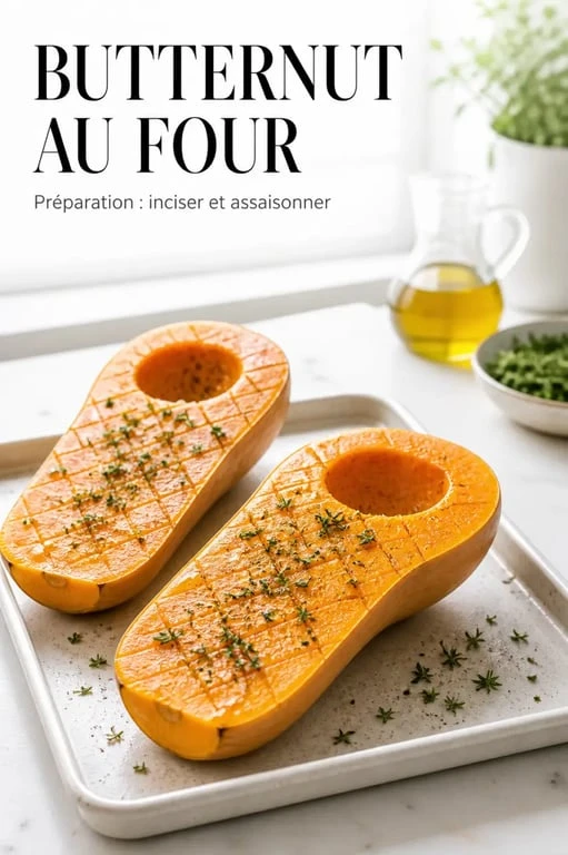 Recette de butternut au four facile avant cuisson, assaisonnée sur plaque