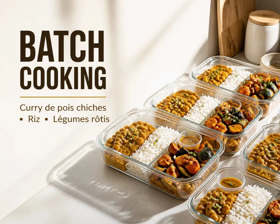 Recettes batch cooking prêtes en boîtes hermétiques avec curry de pois chiches, riz et légumes rôtis