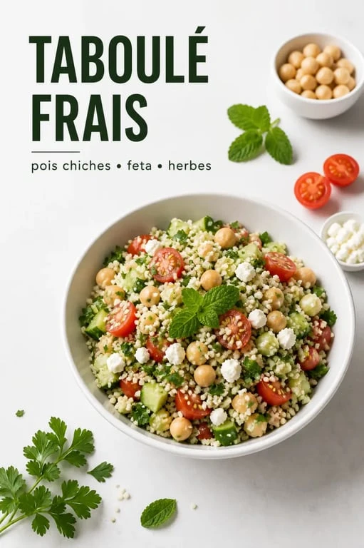 Idées repas froid : taboulé frais aux pois chiches et feta présenté de façon appétissante