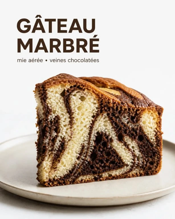 Recette gateaux marbré facile, tranche en gros plan montrant l'effet marbré à la découpe