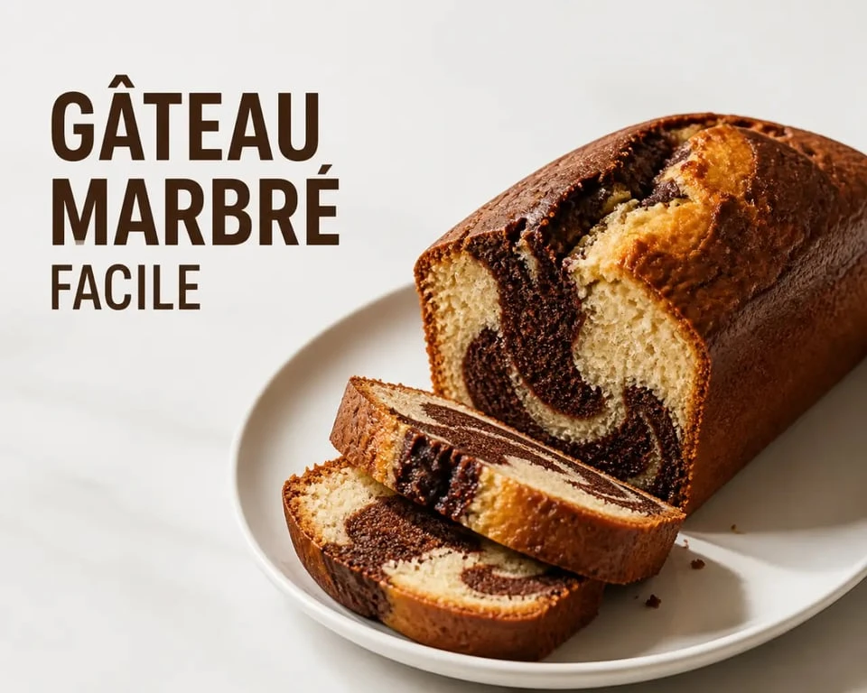 Recette gateaux marbré facile, gâteau moelleux découpé sur assiette blanche avec marbrures chocolat visibles