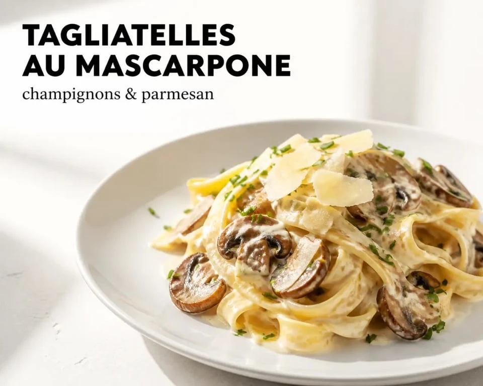 Recette mascarpone sale de tagliatelles aux champignons et parmesan, assiette dressée en gros plan