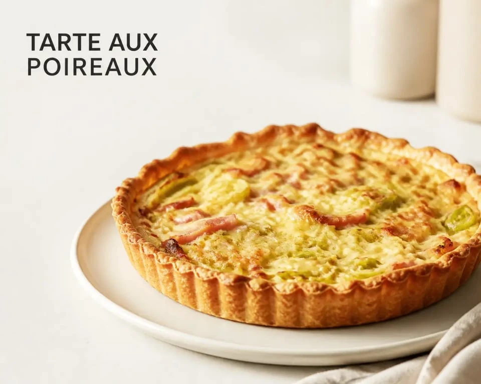 Que faire avec une pâte brisée : tarte salée aux poireaux, fromage et jambon dorée et servie sur assiette