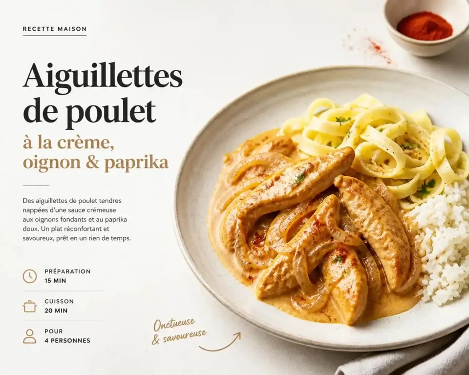 Recette aiguillette de poulet facile et rapide en assiette, sauce crème oignon paprika