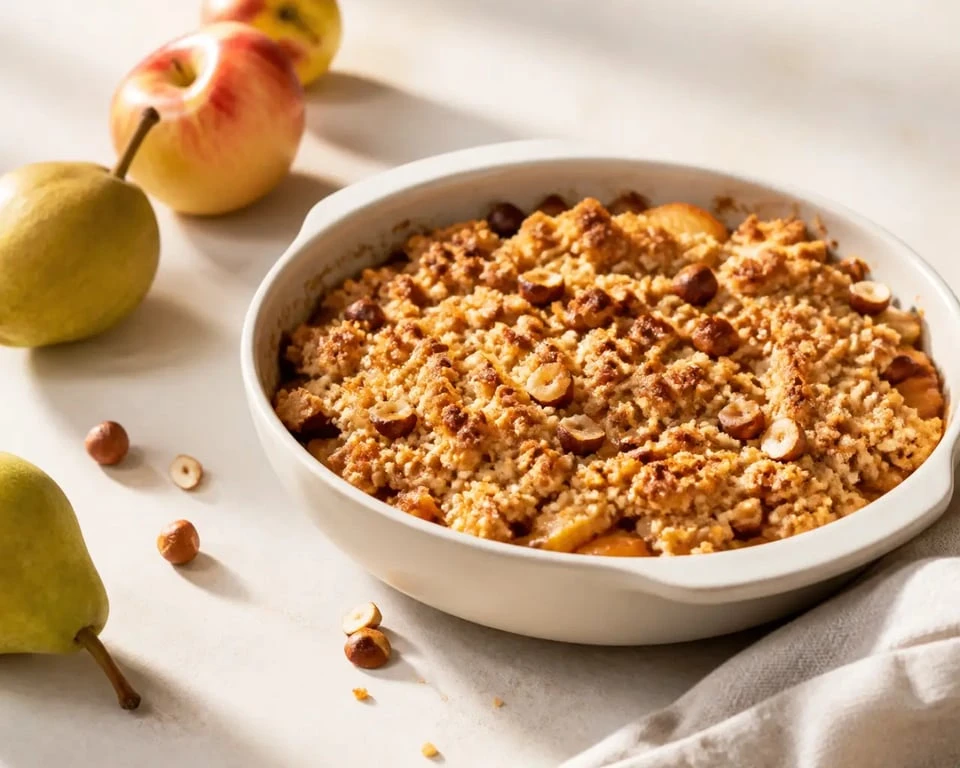 Dessert d hivers : crumble pommes-poires aux noisettes servi tiède dans un plat en céramique