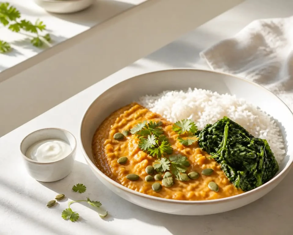 Idées repas végétarien : dahl de lentilles corail, riz basmati, épinards et garnitures gourmandes