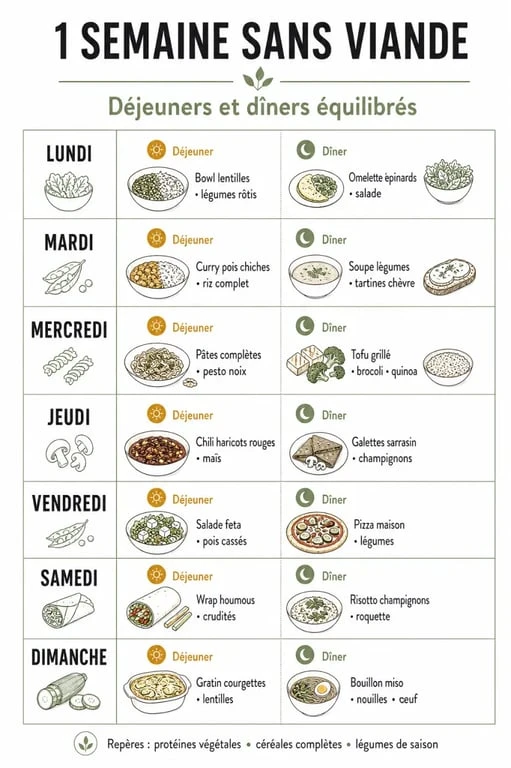 Menu 1 semaine sans viande présenté en planning hebdomadaire clair et équilibré