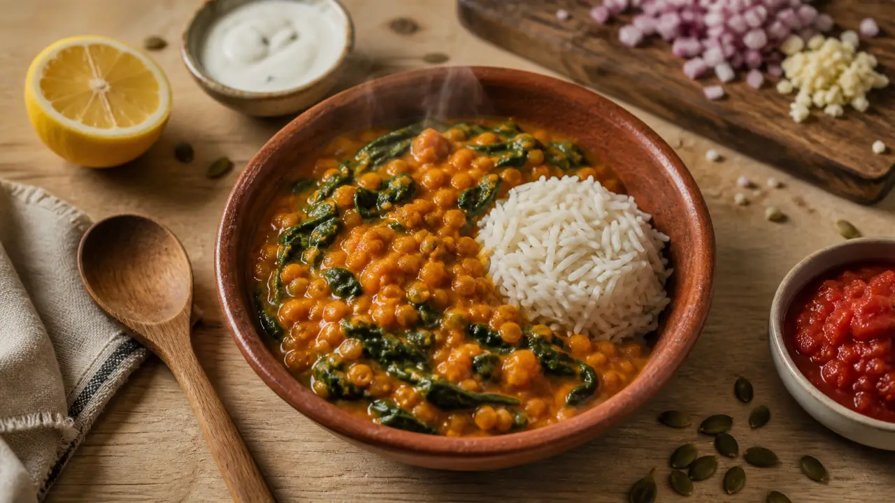 Idées repas végétarien du soir : bol de dahl lentilles corail aux épinards, riz et citron
