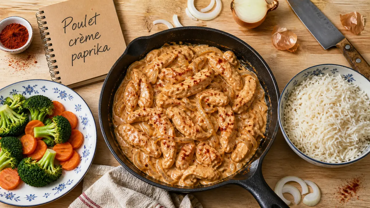 Recette aiguillette de poulet facile et rapide crème paprika, poêle et oignon