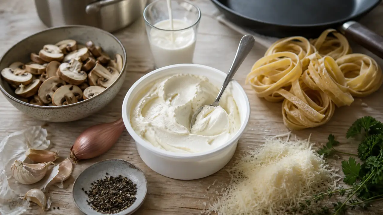 Recette mascarpone sale : pot de mascarpone avec champignons, crème et tagliatelles crémeuses