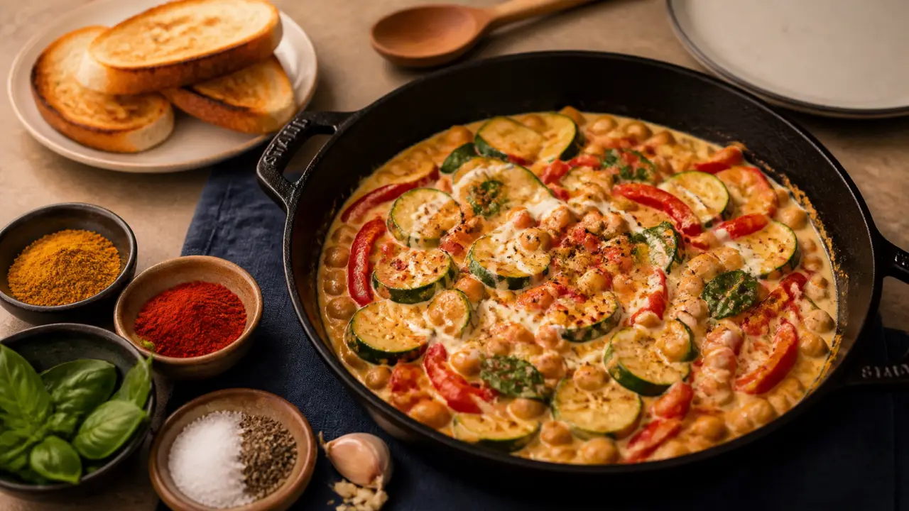 Recettes légumes faciles : poêlée crémeuse de courgettes, poivron et pois chiches en 30 minutes