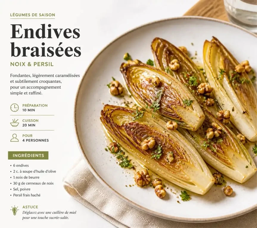 Recette d'endives à la poêle facile et rapide, dorées et fondantes dans une assiette