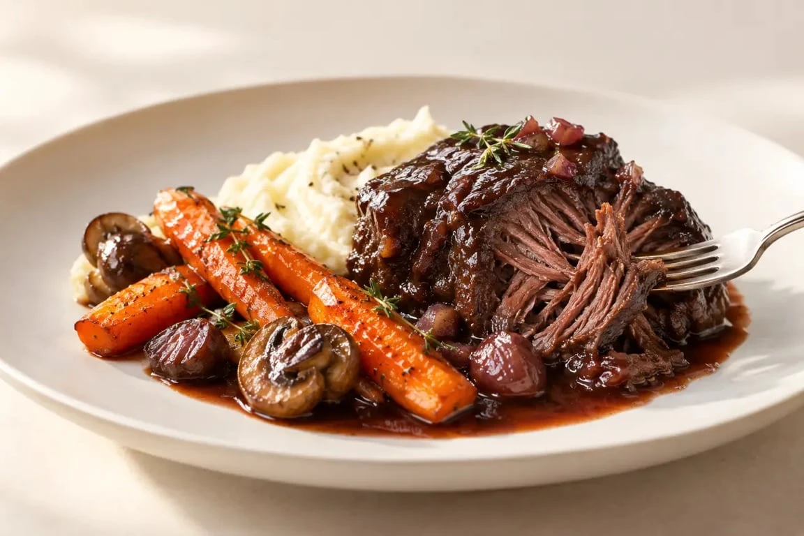 Recette joue de bœuf facile et rapide aux carottes, champignons et vin rouge