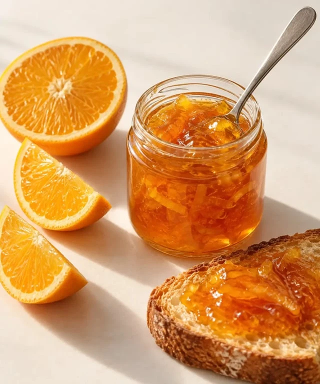 Recette confiture orange facile servie dans un pot en verre avec du pain grillé