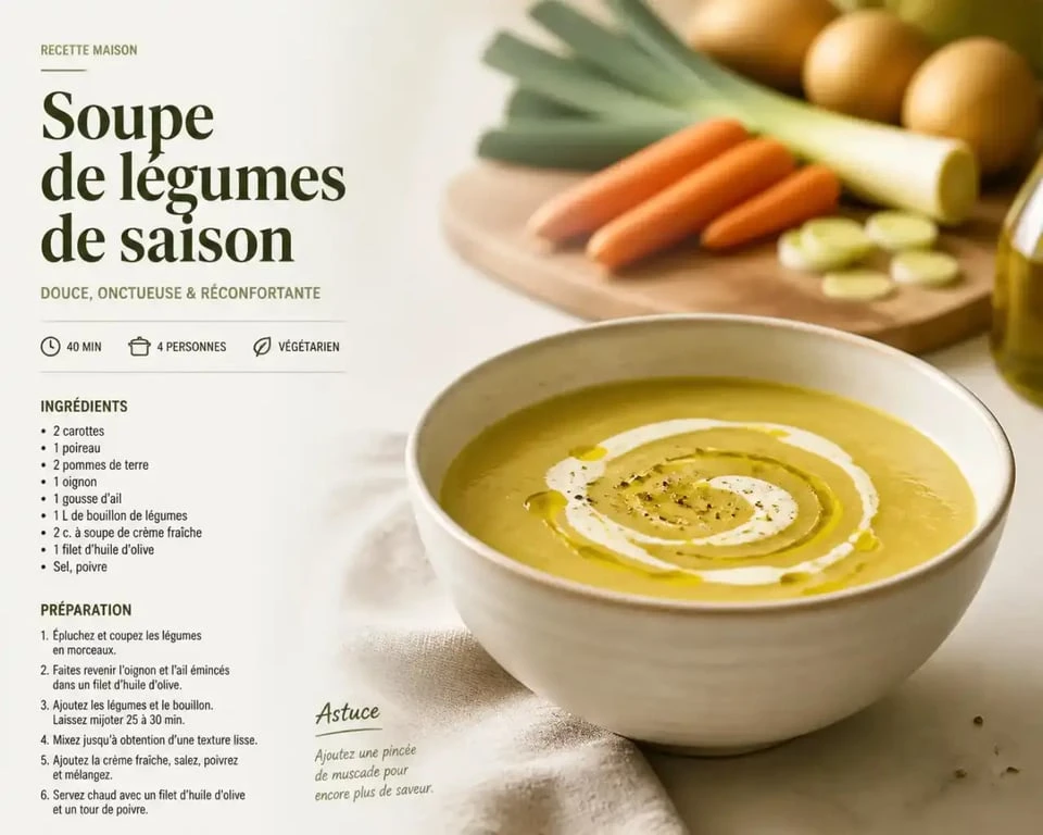 Soupe de légumes de saison illustrant la cuisine fait maison, servie dans un bol avec filet de crème