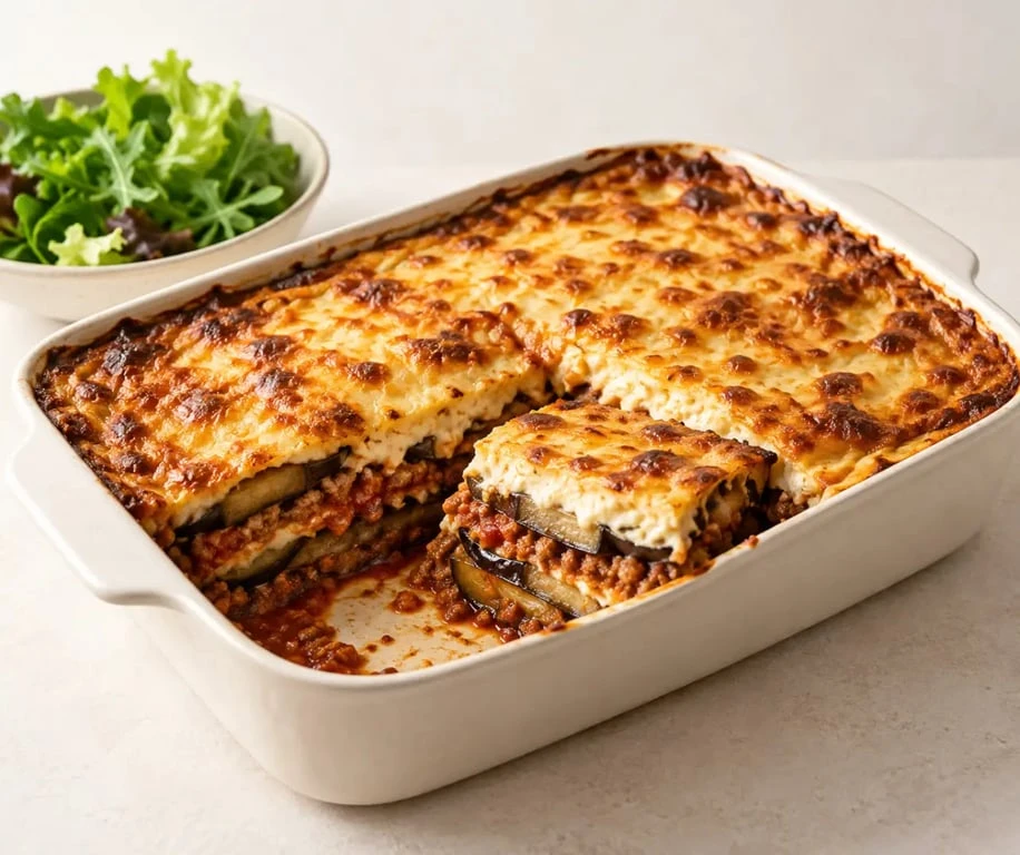 Moussaka recette facile aux aubergines rôties, viande et béchamel gratinée
