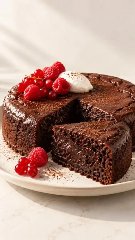 Desserts vegan recettes : gâteau au chocolat vegan moelleux avec fruits rouges