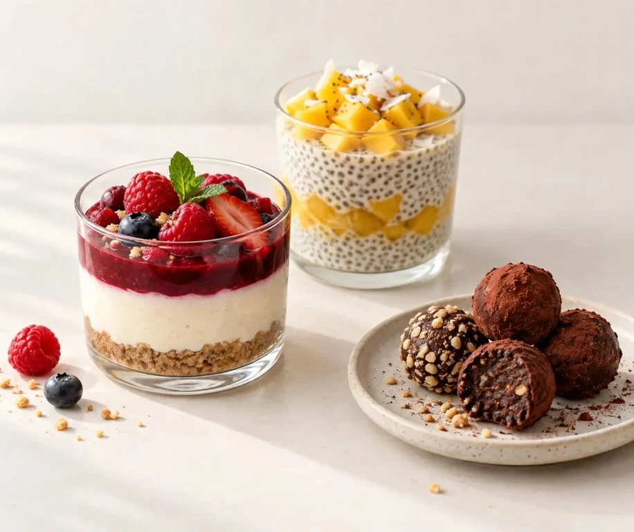 Desserts vegan recettes sans cuisson : verrine, pudding de chia et truffes au cacao