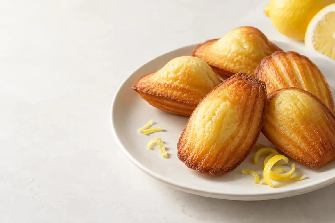 Recette madeleines facile, madeleines dorées au citron sur une assiette blanche