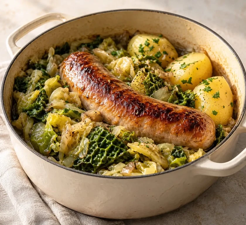 Recette saucisse aux choux facile servie avec du chou fondant et des saucisses dorées