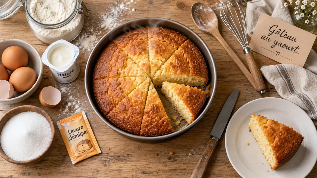 Gâteau rapide au yaourt moelleux : tranche et ingrédients