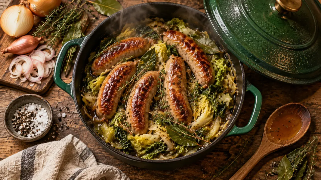 Recette saucisse aux choux facile : chou fondant avec saucisses dorées
