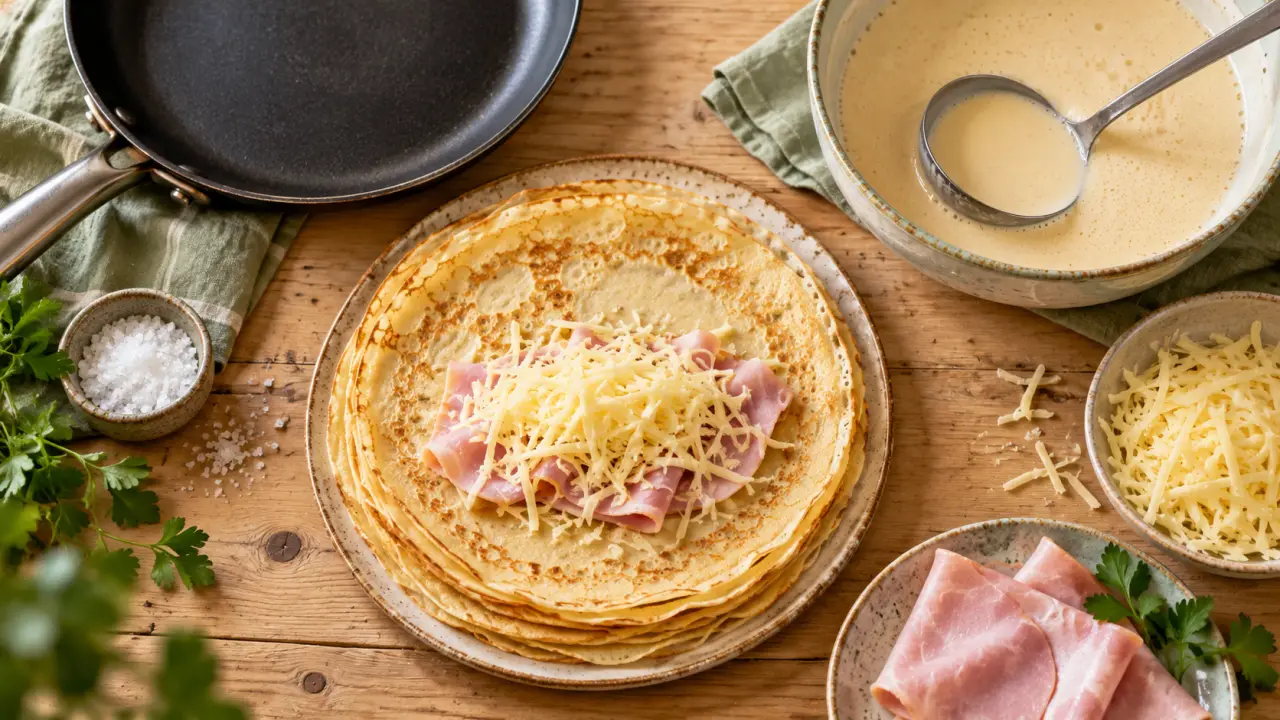 Crêpe salée recette jambon-fromage, crêpes prêtes à plier