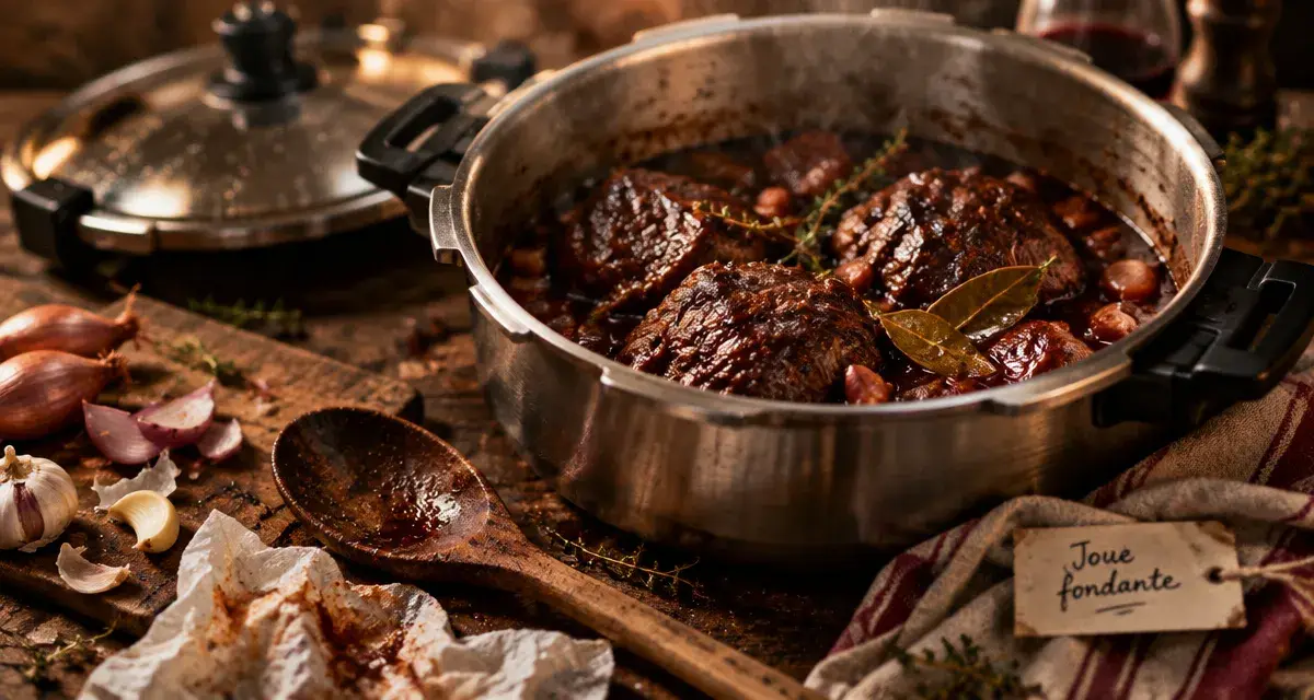 Recette joue de porc rapide : joues de porc fondantes en cocotte-minute, sauce vin rouge