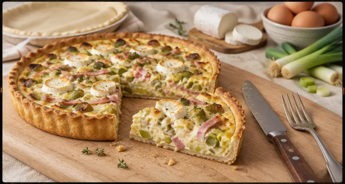 Recette tarte salée poireaux chèvre jambon, part fondante